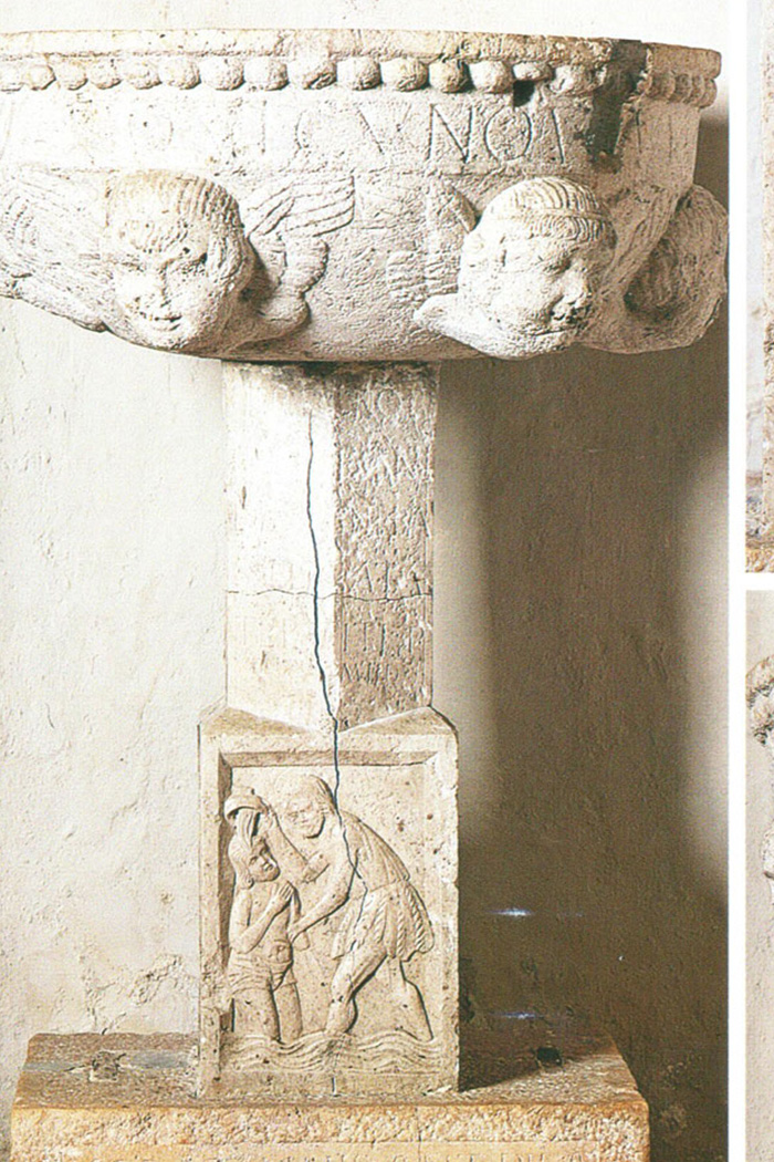 A sinistra, Giovanni Antonio Pilacorte, il Fonte battesimale, 1498. Reca incisa sulla base la scritta:  - 1498. IOANNIS ANT PILA/CORTE.../CAMER...- (scritta rovinata); sul fusto: - T. RECTOR/IS. PBI. IOANIS/DE REGNI BA/ SSELICA-TA/TERE. TITI. P/VENTIEI MIID...-; nella parte inferiore del fusto: il Battesimo di Gesù in bassorilievo. 
A destra, in alto: particolare del fusto. A destra, in basso: particolare della vasca.